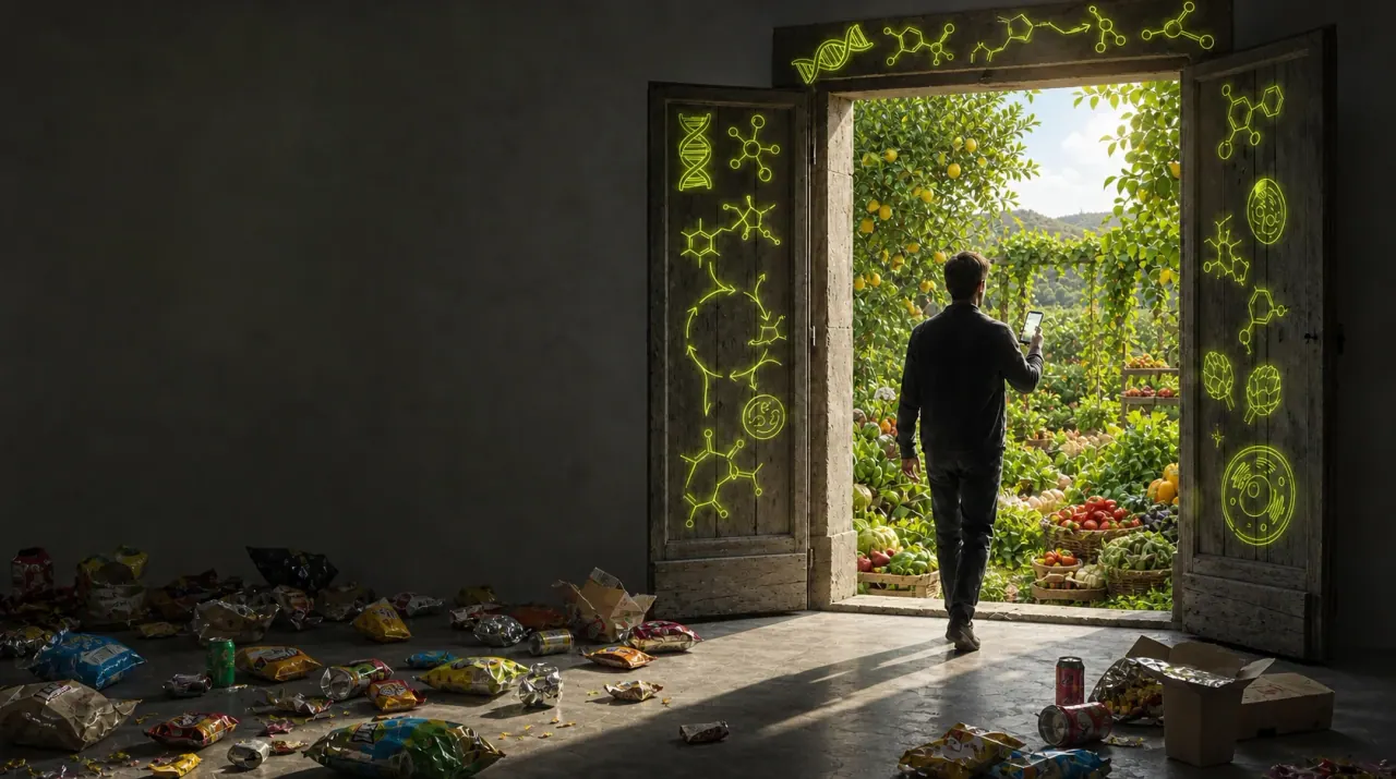 A person follows guidance on their phone from a cluttered room into a bright food garden